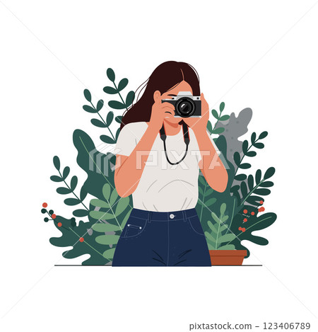 Woman holding a camera surrounded by lush greenery in flat vector art 123406789