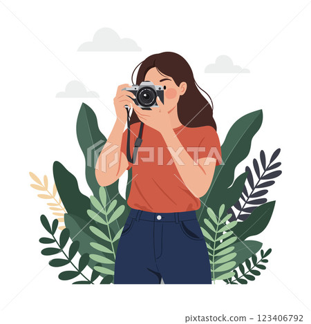 Woman holding a camera surrounded by various green plants vector illustration 123406792