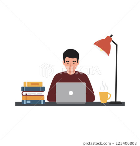 Young man working on laptop at desk with lamp vector illustration Young man working on laptop at desk with lamp vector illustration 123406808