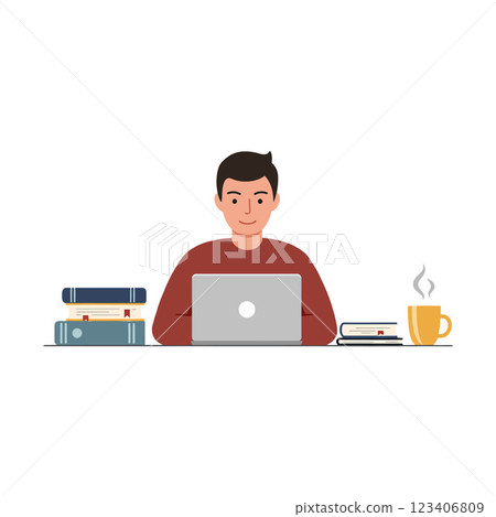 Person working on laptop with coffee and books in flat vector art 123406809
