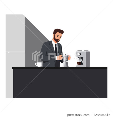 Man preparing coffee in a modern kitchen flat vector art Man preparing coffee in a modern kitchen flat vector art 123406816