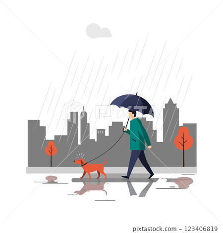 Person walking a dog under an umbrella in flat vector art Person walking a dog under an umbrella in flat vector art 123406819