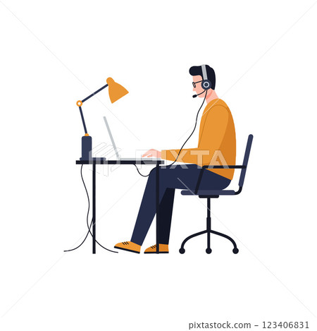 Person working at a desk with a laptop in flat vector art Person working at a desk with a laptop in flat vector art 123406831