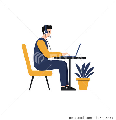 Person wearing headset working at desk in minimal vector illustration 123406834