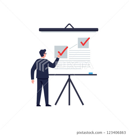 Person marking completed tasks on a presentation board in flat vector art Person marking completed tasks on a presentation board in flat vector art 123406863