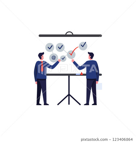 Two business professionals discussing project updates in flat vector art Two business professionals discussing project updates in flat vector art 123406864