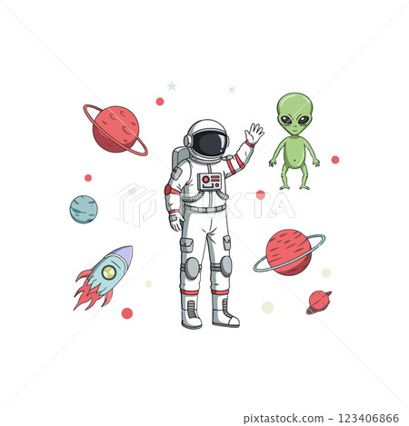 Astronaut interacting with alien characters in flat vector art 123406866