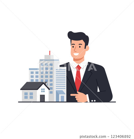 Businessman presenting buildings in minimal flat design vector illustration 123406892