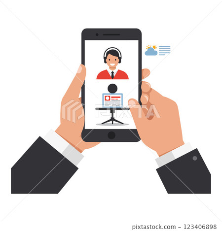 Hands holding smartphone displaying customer service representative flat vector art 123406898