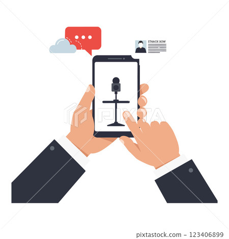 Hands Holding Smartphone with Microphone and Chat Bubbles in Flat Vector Art Hands Holding Smartphone with Microphone and Chat Bubbles in Flat Vector Art 123406899