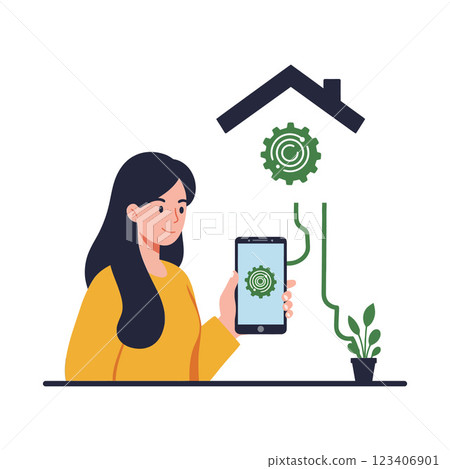 Woman interacting with smartphone in modern flat vector art Woman interacting with smartphone in modern flat vector art 123406901