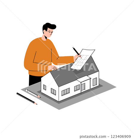 Architect analyzing building plans with detailed flat vector art 123406909