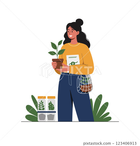 Woman holding potted plant in colorful flat vector illustration 123406913
