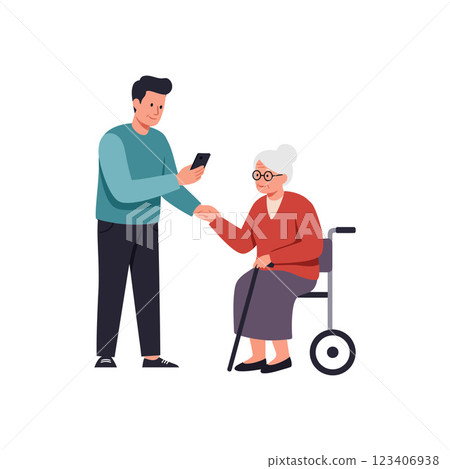 Young man assisting elderly woman with smartphone in flat vector art Young man assisting elderly woman with smartphone in flat vector art 123406938