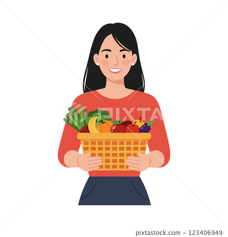 Woman smiling while holding a basket of fresh vegetables flat vector art Woman smiling while holding a basket of fresh vegetables flat vector art 123406949