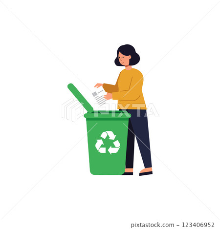 Person recycling paper into green bin with flat design vector art 123406952