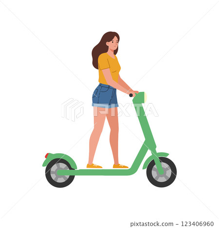 Young woman riding a green electric scooter in flat vector art Young woman riding a green electric scooter in flat vector art 123406960
