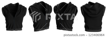 Black Sleeveless Crop Hoodie Mockup Front 3 4 Back Views for Fashion Design 123406964