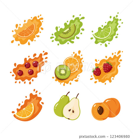 Colorful assortment of sliced fruits with splashes in flat vector art style 123406980
