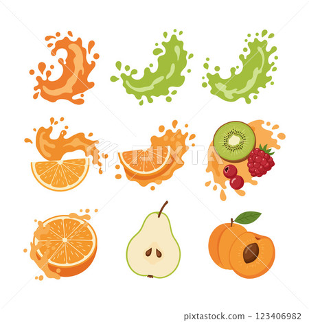 Colorful fruit splashes featuring oranges, pears, and raspberries in a flat vector illustration 123406982