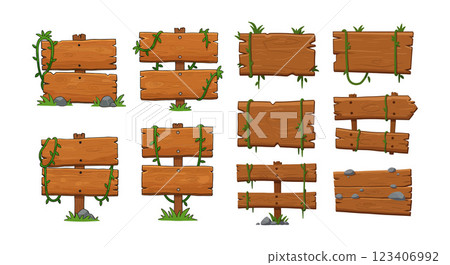 Wooden signboards adorned with green vines in flat vector illustration style showcasing various shapes and orientations of signs in nature Wooden signboards adorned with green vines in flat vector illustration style showcasing various shapes and orientations of signs in nature 123406992
