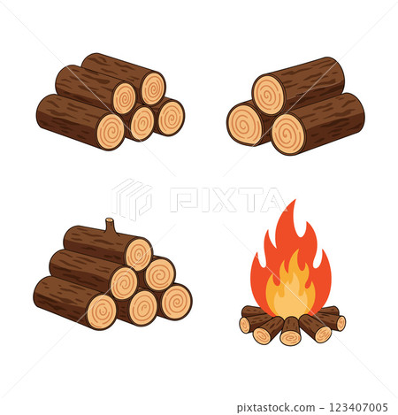 Piles of wooden logs and a campfire in a minimal vector illustration style showcasing natural textures and warm colors in a cozy setting Piles of wooden logs and a campfire in a minimal vector illustration style showcasing natural textures and warm colors in a cozy setting 123407005