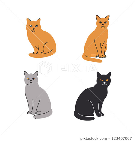 Four adorable cats in flat design showcasing distinct colors and expressions in vector art Four adorable cats in flat design showcasing distinct colors and expressions in vector art 123407007
