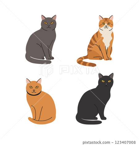 Four adorable cats in a minimalistic flat design style showcasing diverse colors and expressions in vector art Four adorable cats in a minimalistic flat design style showcasing diverse colors and expressions in vector art 123407008