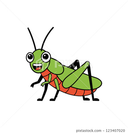 Cheerful cartoon grasshopper in vibrant green and red flat vector art design for childrens illustrations 123407020