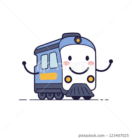Happy cartoon train character with smiling face in flat vector art style showcasing playful design elements and bright colors in a cheerful atmosphere vector illustration 123407025