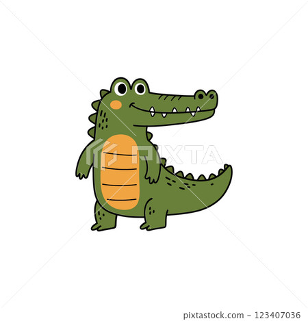 Friendly cartoon crocodile character in playful flat design style, showcasing vibrant colors and cheerful expression in vector art Friendly cartoon crocodile character in playful flat design style, showcasing vibrant colors and cheerful expression in vector art 123407036