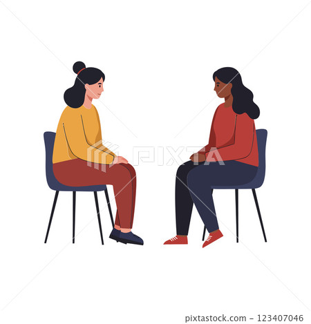 Two Women Engaged in Conversation in Flat Vector Art Style 123407046