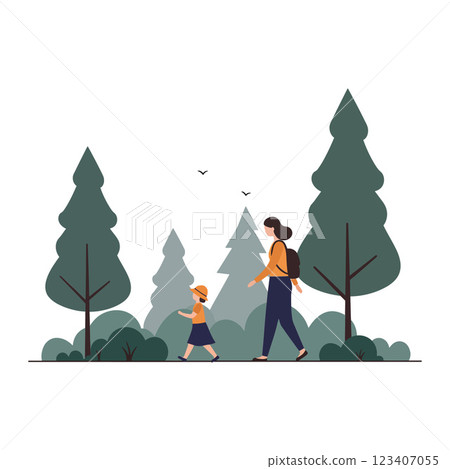 Mother and child walking in forest greenery flat vector illustration Mother and child walking in forest greenery flat vector illustration 123407055