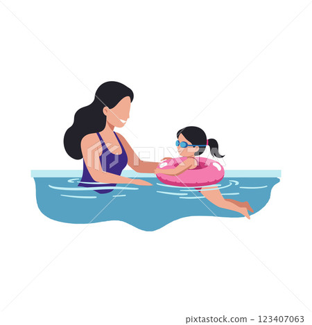 Mother and daughter enjoying swimming together in flat vector art 123407063
