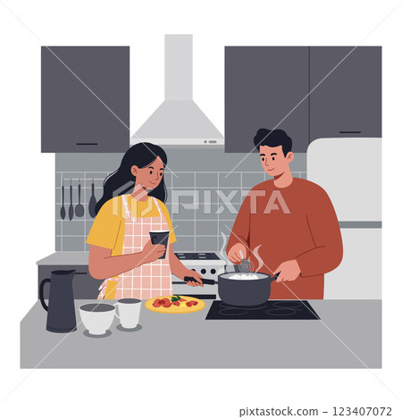Cooking Together in Modern Kitchen Flat Vector Art Illustration Cooking Together in Modern Kitchen Flat Vector Art Illustration 123407072