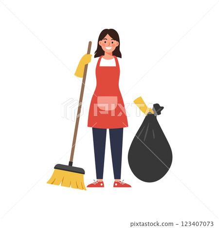 Cleaning woman holding broom and trash bag in flat vector art Cleaning woman holding broom and trash bag in flat vector art 123407073