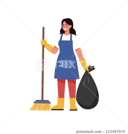 Woman cleaning with broom and holding trash bag in flat vector illustration Woman cleaning with broom and holding trash bag in flat vector illustration 123407074