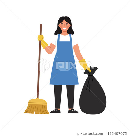 Cleaning woman holding broom and trash bag in flat vector art Cleaning woman holding broom and trash bag in flat vector art 123407075