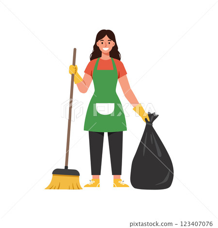 Cleaning woman holding broom and trash bag in flat vector art Cleaning woman holding broom and trash bag in flat vector art 123407076