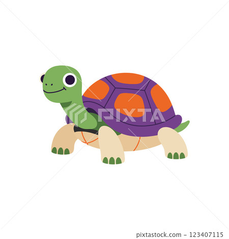 Colorful cartoon turtle with a vibrant shell in a playful flat vector illustration Colorful cartoon turtle with a vibrant shell in a playful flat vector illustration 123407115