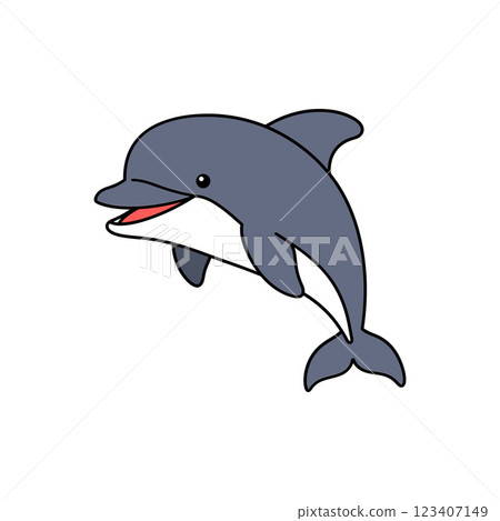 Happy dolphin swimming joyfully in a playful ocean scene, flat vector illustration Happy dolphin swimming joyfully in a playful ocean scene, flat vector illustration 123407149