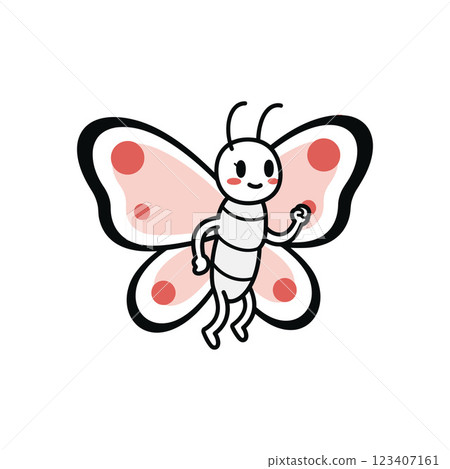 Cute cartoon butterfly character with pink spots in a flat design style, cheerful expression, friendly demeanor in vector art 123407161