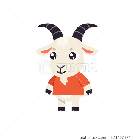 Playful goat character in a vibrant orange shirt, flat design vector art Playful goat character in a vibrant orange shirt, flat design vector art 123407175