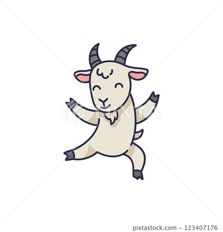Playful goat character in a cheerful pose showcasing flat design vector art 123407176