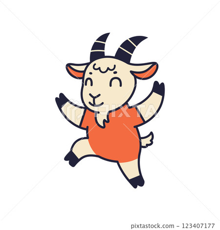 Cheerful cartoon goat character in bright orange attire, minimal flat design vector illustration Cheerful cartoon goat character in bright orange attire, minimal flat design vector illustration 123407177