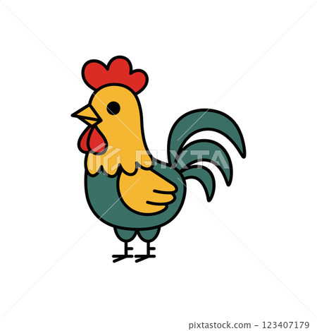 Colorful cartoon rooster with vibrant feathers in a minimal design style vector illustration 123407179