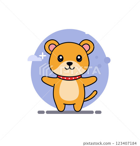 Cute cartoon dog character standing cheerfully in a flat style against a round background vector art 123407184