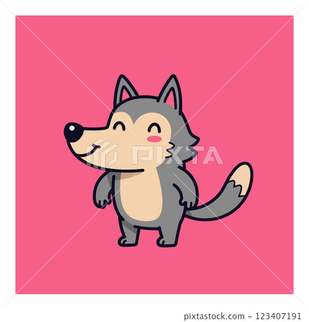 Cute cartoon wolf character in playful pose on bright pink background, flat vector illustration Cute cartoon wolf character in playful pose on bright pink background, flat vector illustration 123407191