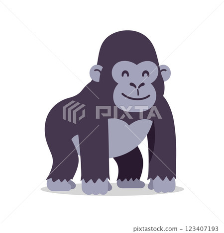 Friendly cartoon gorilla standing playfully with a cheerful expression in minimal vector art 123407193