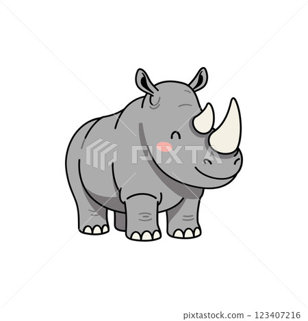 Cute smiling rhinoceros character in flat design style showcasing playful expression in vector illustration 123407216